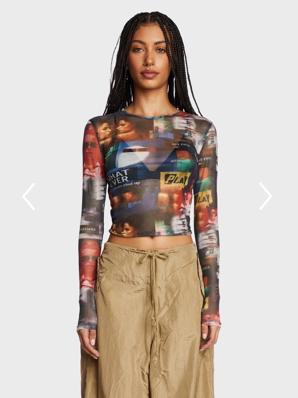 Edikted Multicolor Graphic Mesh Long-Sleeve Crop Top
